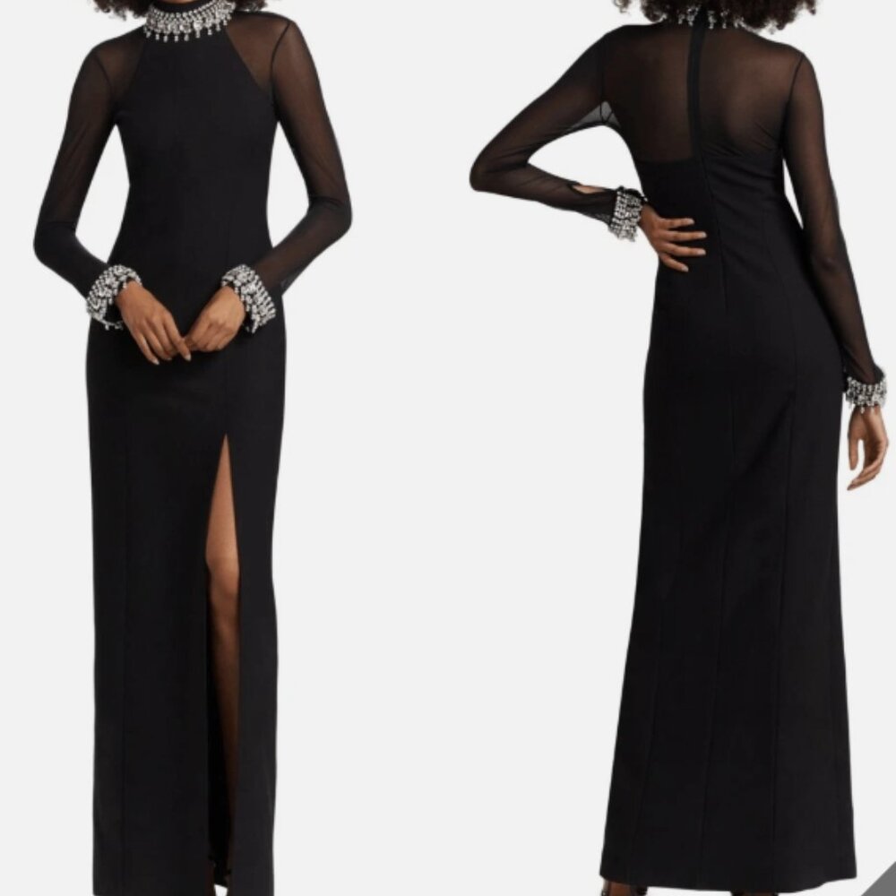 NWT Cinq a Sept Womens Loretta Crystal-Embellished Long-Sleeve Gown Black Size 6